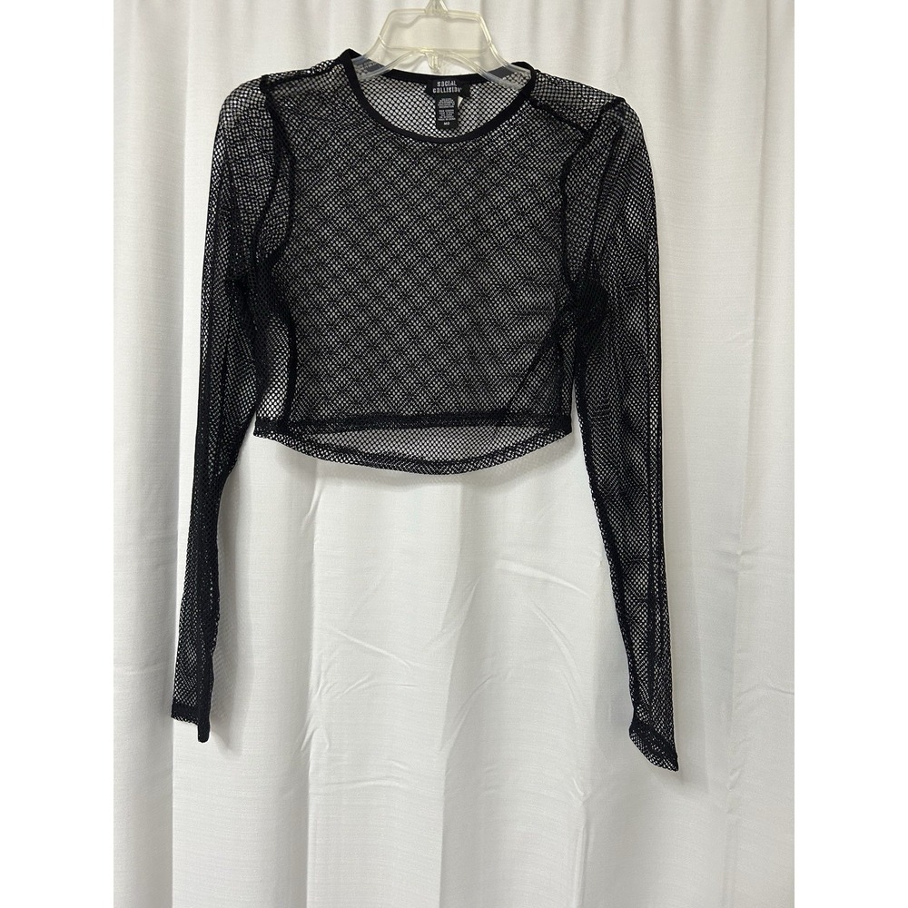 Social Collison Womens Black Mesh Netting Shirt Long Sleeve M Goth Punk
